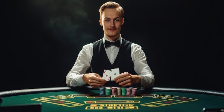 Dealer profesional sedang memandu permainan Live Casino secara langsung